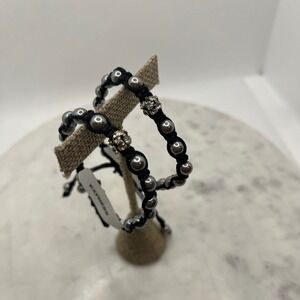 Boho Beaded Cord Bracelet Set Knot Express Black Rhinestone Gray Pearl 2pc New